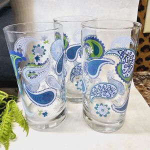 3 Retro 70s Paisley Blue & Green Glass Glasses 6" Drinking Tumblers Libbey CRISA